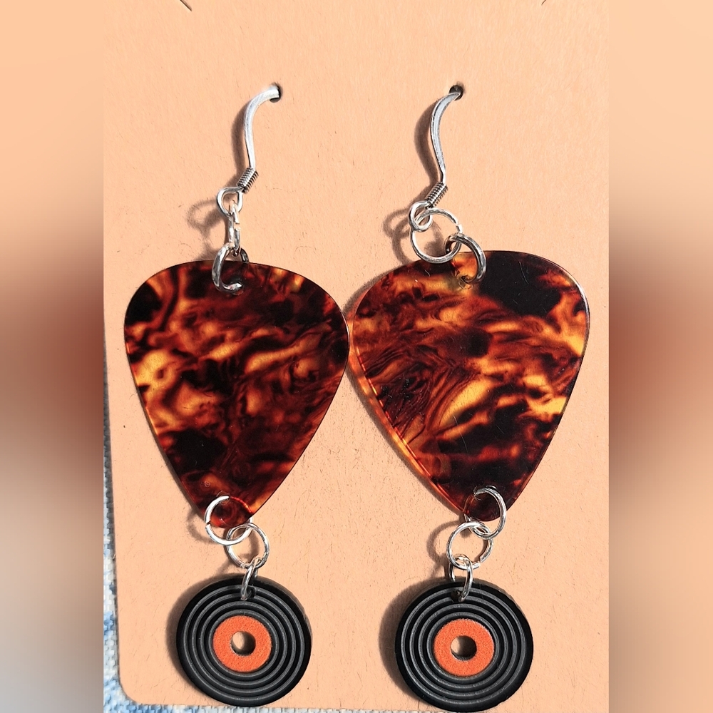 Retro-Style Brown And Black Guitar Pick and Vinyl Record Earrings